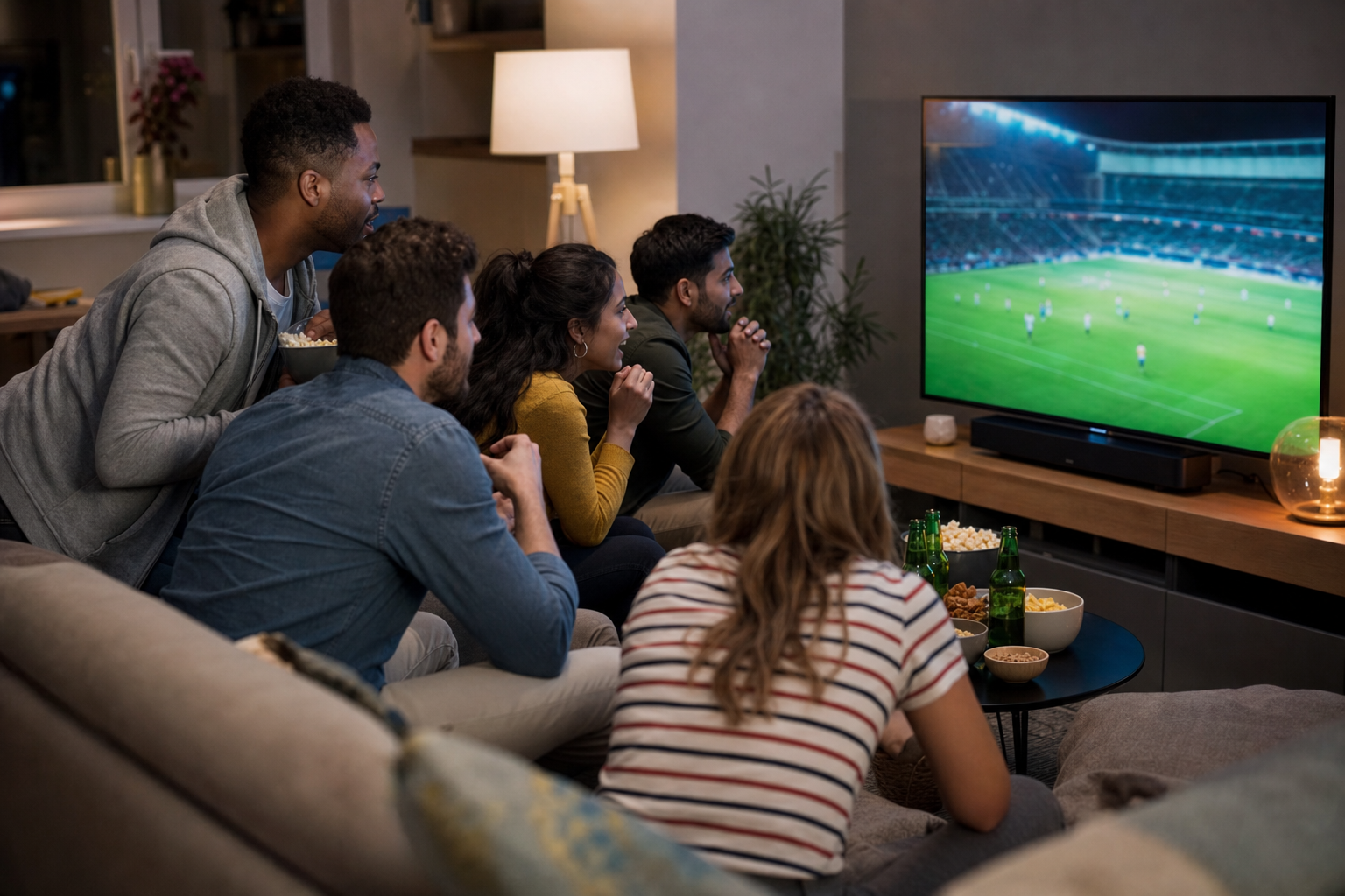 Adults watching late-night football in a living room