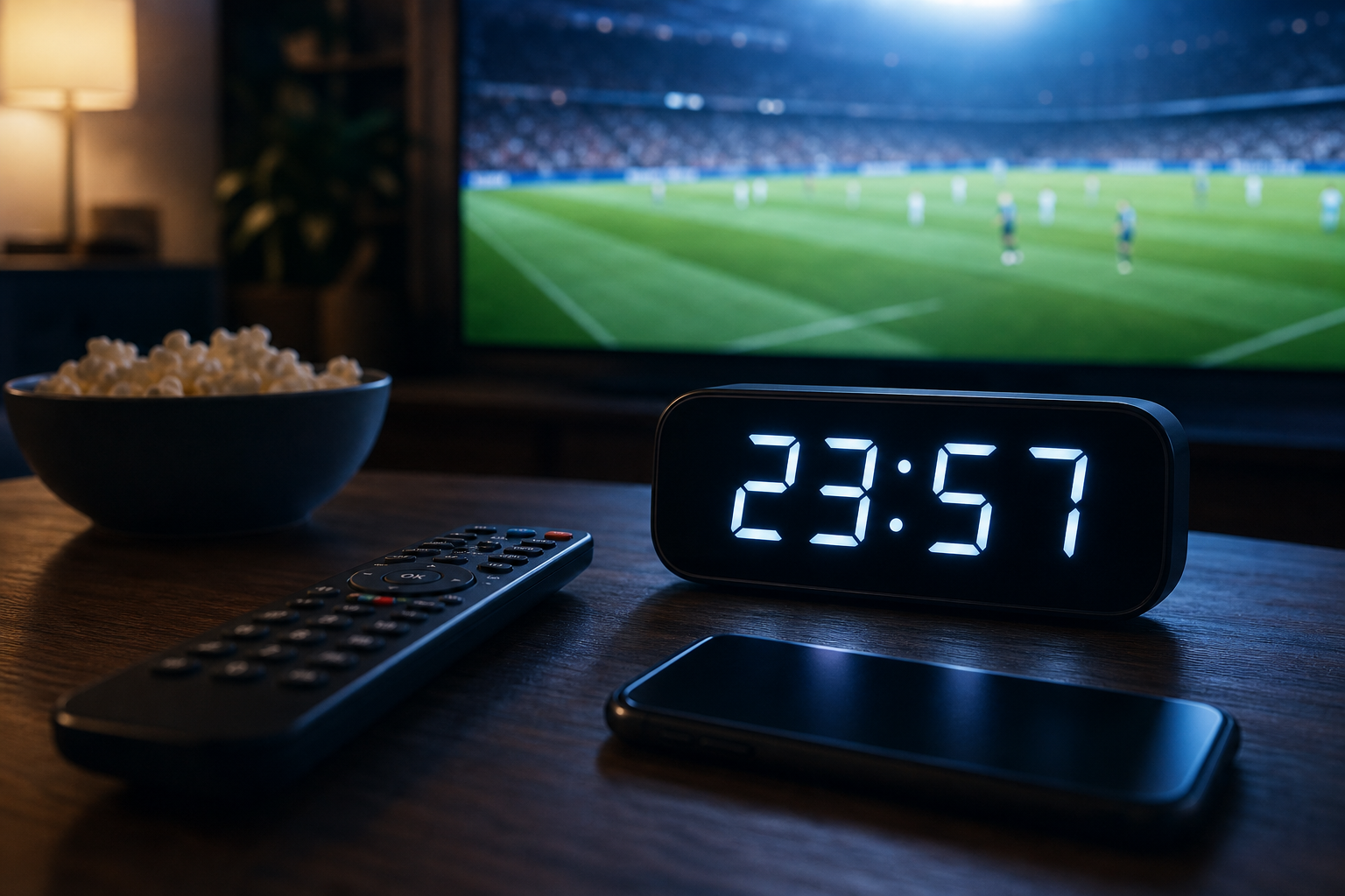 Late-night TV ad moment with a clock showing 23:57