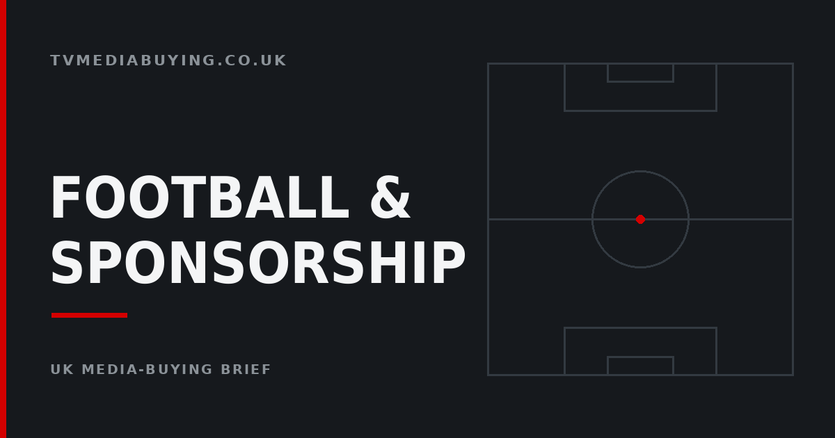 Abstract graphic of a football pitch marked out in dark greys with a red centre spot, used as the header image for UK football sponsorship and matchday inventory stories.