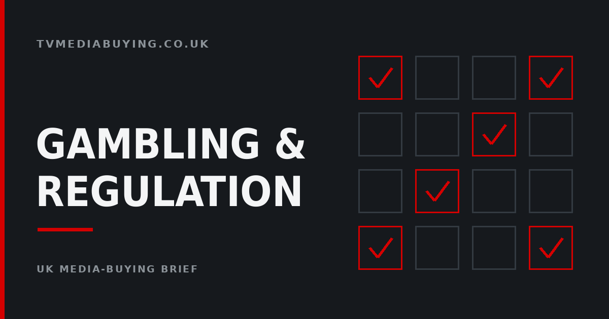 Abstract grid of compliance tick boxes in dark greys with red approved marks, used as the header image for UK gambling advertising and regulation stories.