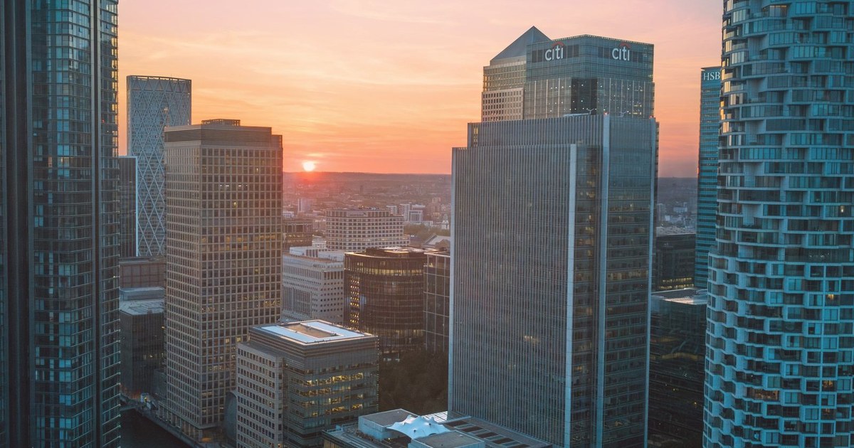 The Canary Wharf financial district in London at sunset
